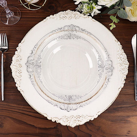 10 Round Plastic Salad Dinner Plates with Embossed Baroque Rim - Disposable Tableware