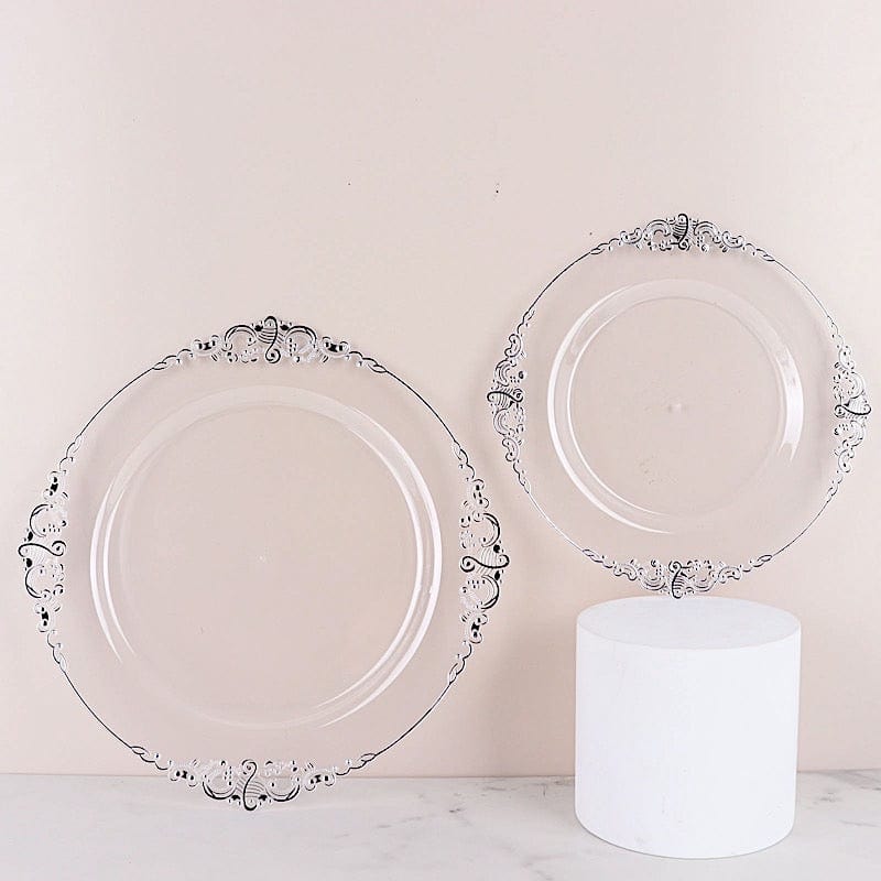 10 Round Plastic Salad Dinner Plates with Embossed Baroque Rim - Disposable Tableware