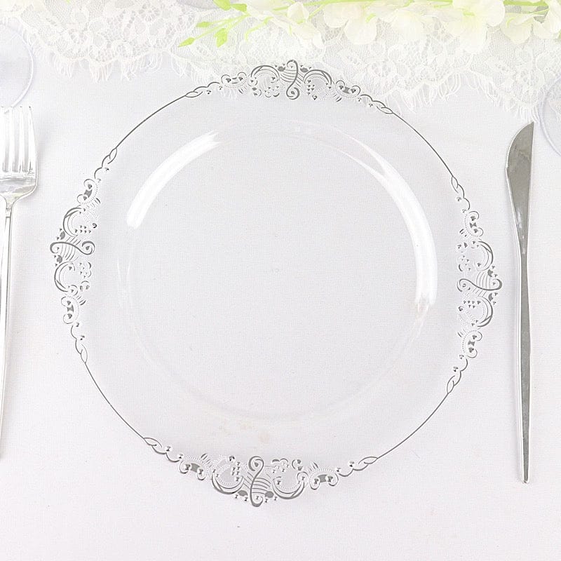 10 Round Plastic Salad Dinner Plates with Embossed Baroque Rim - Disposable Tableware