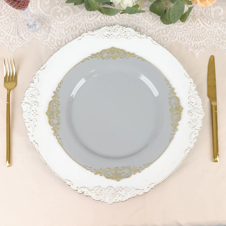 10 Round Plastic Salad Dinner Plates with Embossed Baroque Rim - Disposable Tableware