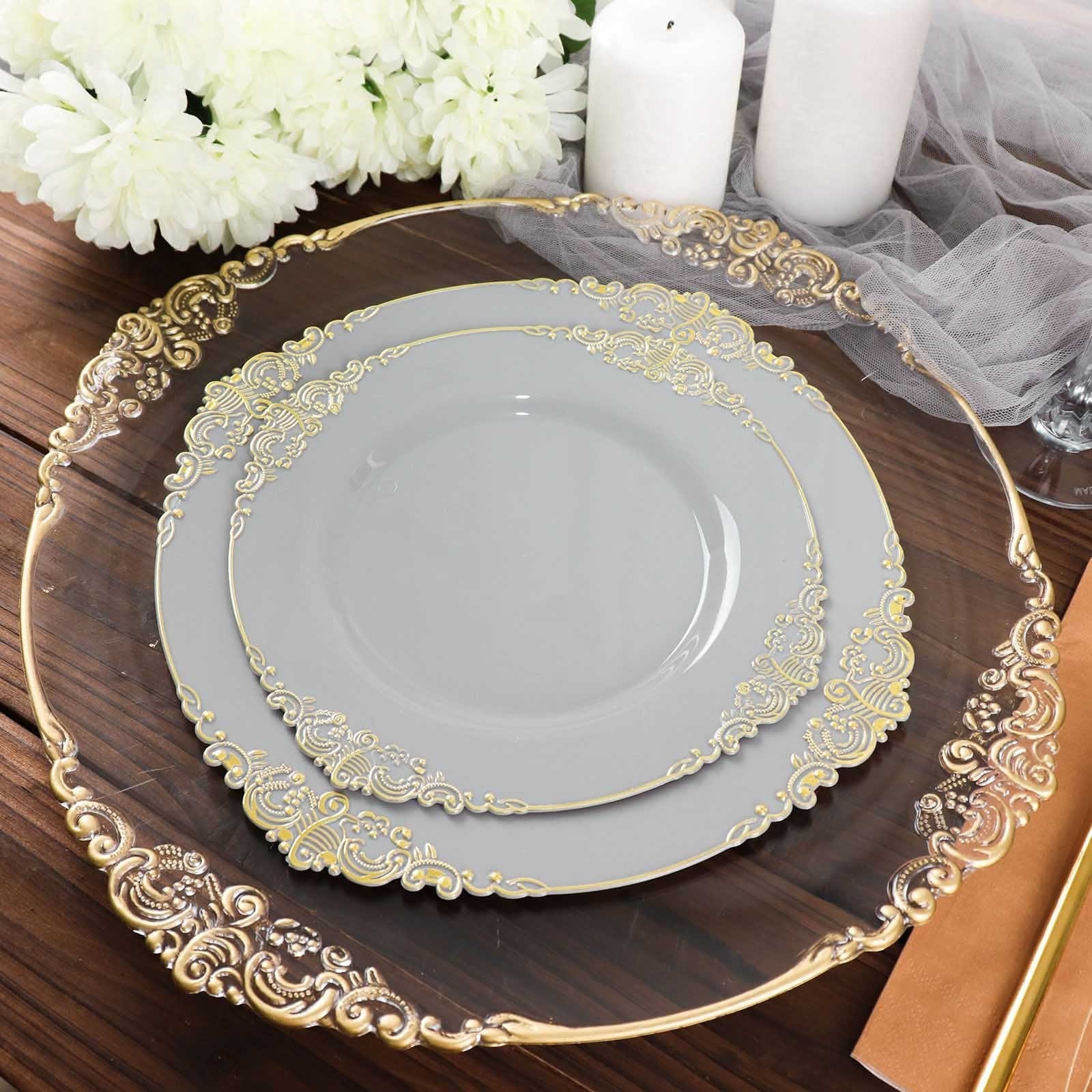 10 Round Plastic Salad Dinner Plates with Embossed Baroque Rim - Disposable Tableware