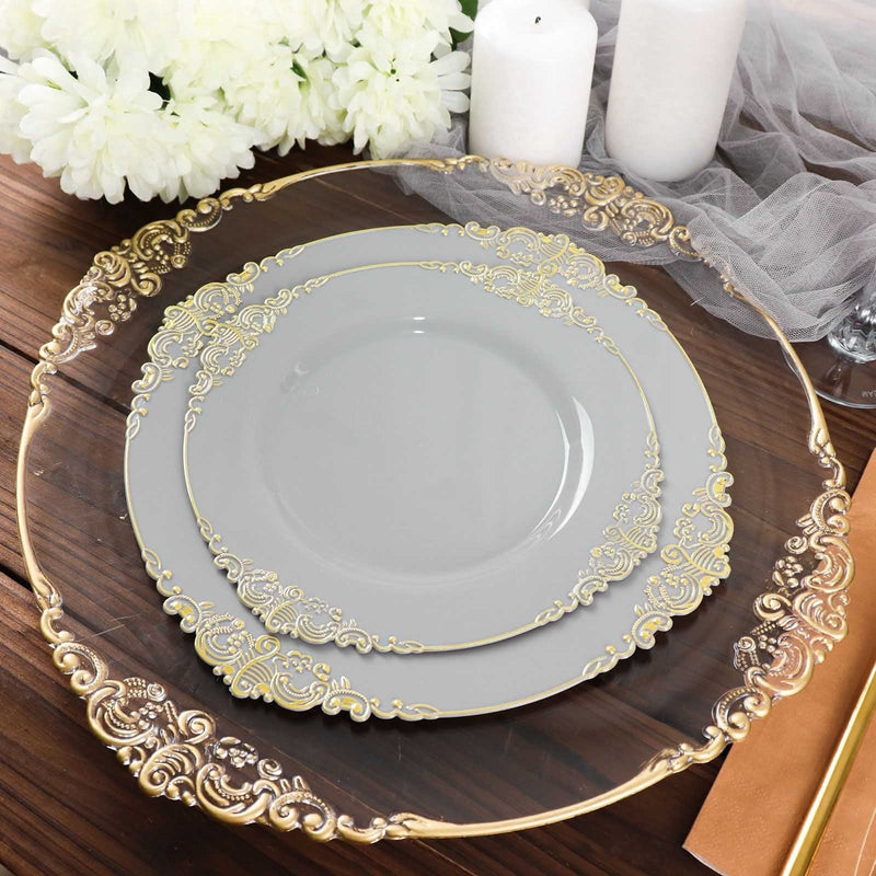10 Round Plastic Salad Dinner Plates with Embossed Baroque Rim - Disposable Tableware