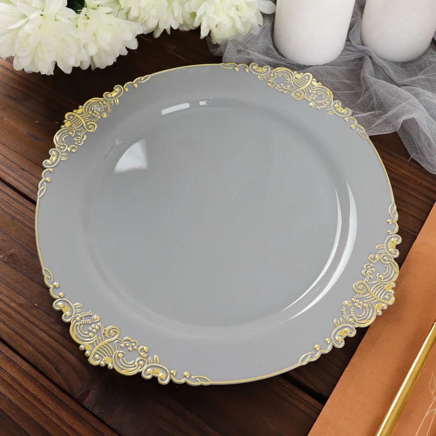10 Round Plastic Salad Dinner Plates with Embossed Baroque Rim - Disposable Tableware