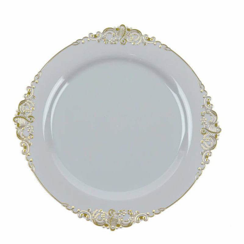 10 Round Plastic Salad Dinner Plates with Embossed Baroque Rim - Disposable Tableware