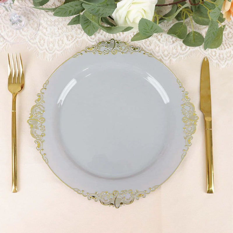 10 Round Plastic Salad Dinner Plates with Embossed Baroque Rim - Disposable Tableware