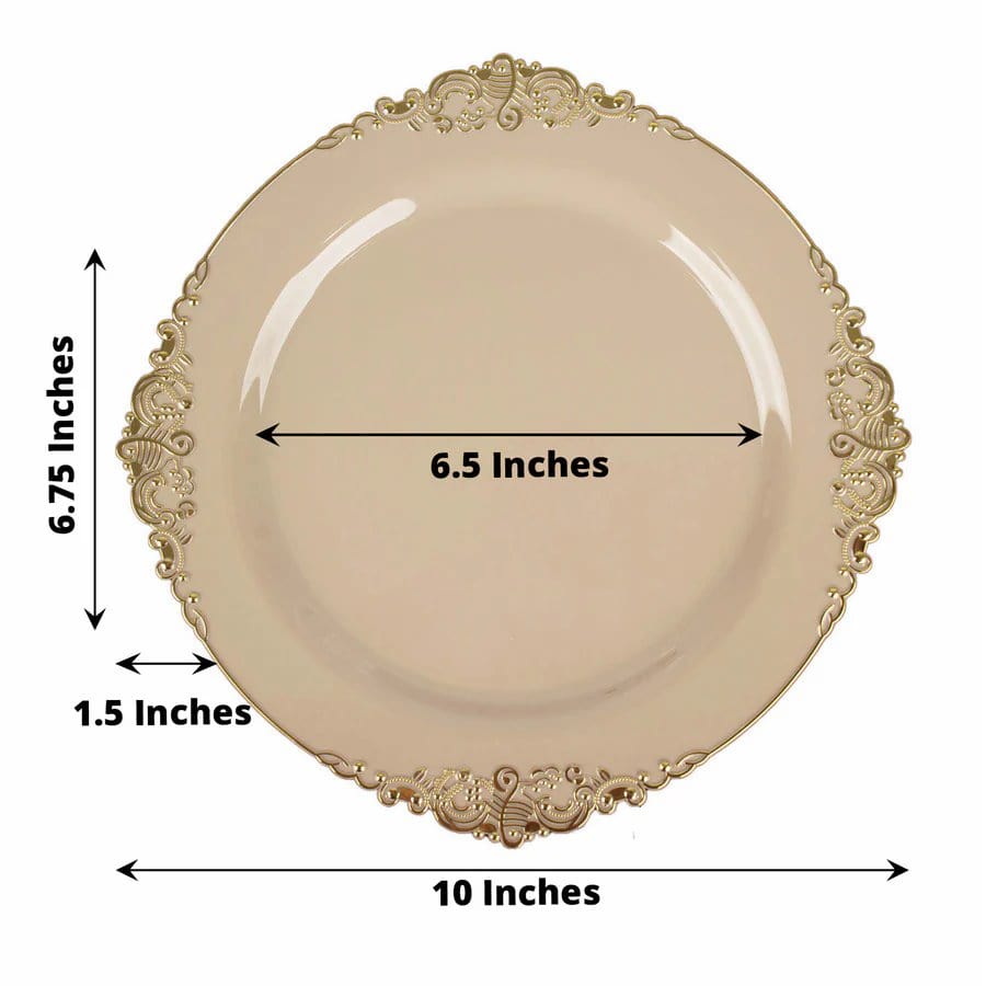10 Round Plastic Salad Dinner Plates with Embossed Baroque Rim - Disposable Tableware