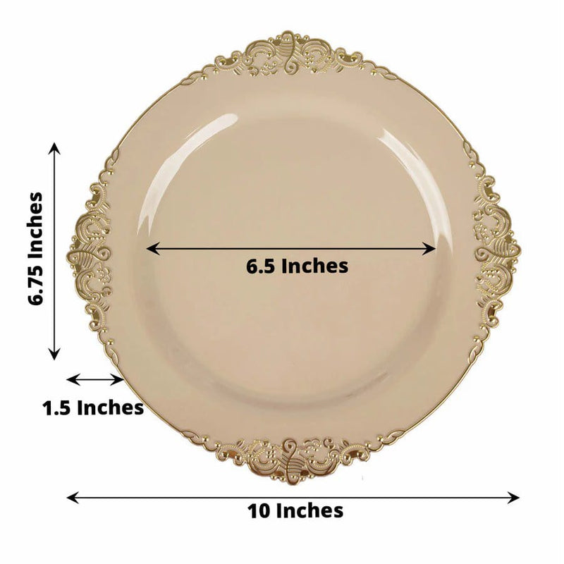 10 Round Plastic Salad Dinner Plates with Embossed Baroque Rim - Disposable Tableware