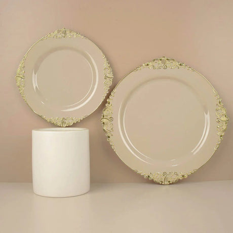 10 Round Plastic Salad Dinner Plates with Embossed Baroque Rim - Disposable Tableware