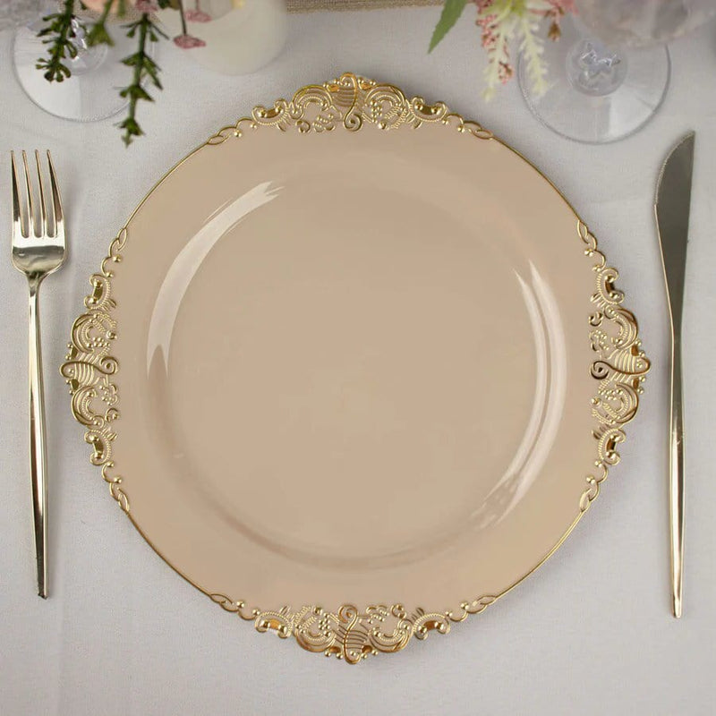 10 Round Plastic Salad Dinner Plates with Embossed Baroque Rim - Disposable Tableware