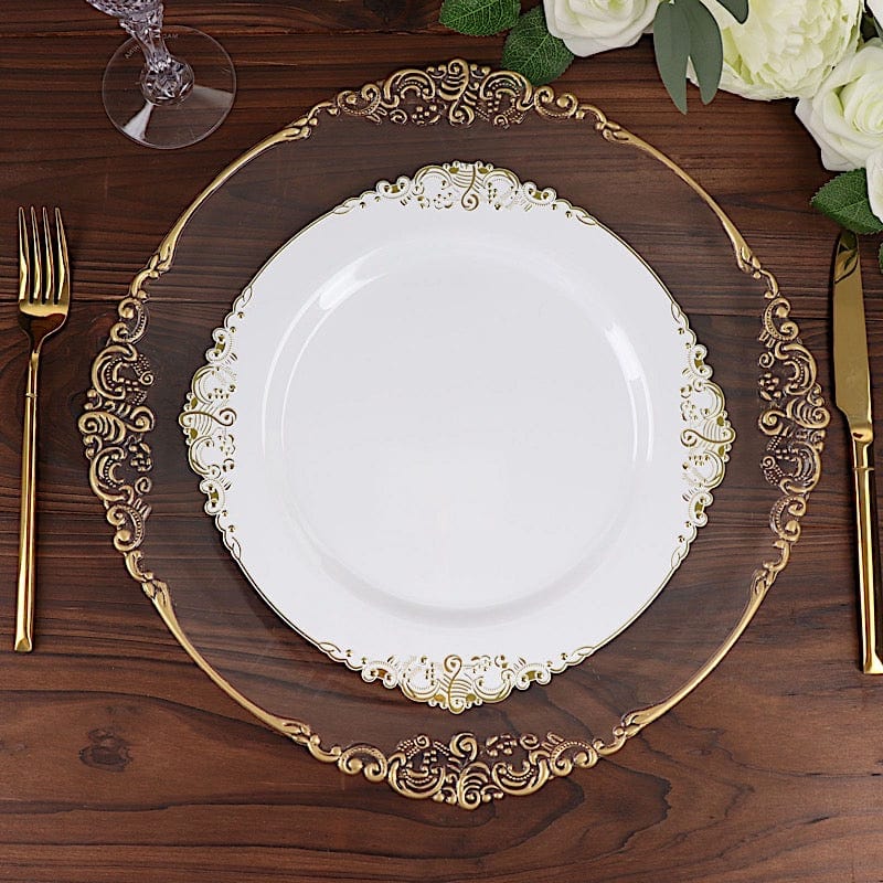 10 Round Plastic Salad Dinner Plates with Embossed Baroque Rim - Disposable Tableware