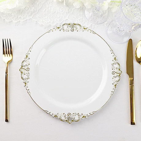 10 Round Plastic Salad Dinner Plates with Embossed Baroque Rim - Disposable Tableware