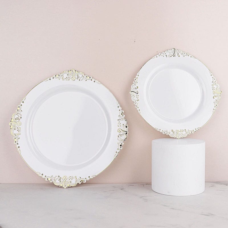 10 Round Plastic Salad Dinner Plates with Embossed Baroque Rim - Disposable Tableware