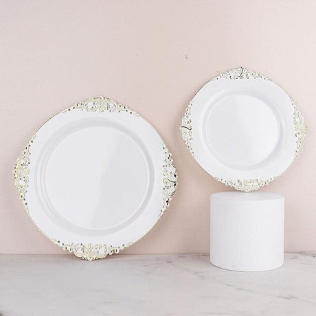 10 Round Plastic Salad Dinner Plates with Embossed Baroque Rim - Disposable Tableware