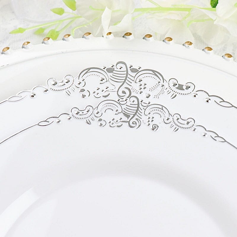 10 Round Plastic Salad Dinner Plates with Embossed Baroque Rim - Disposable Tableware