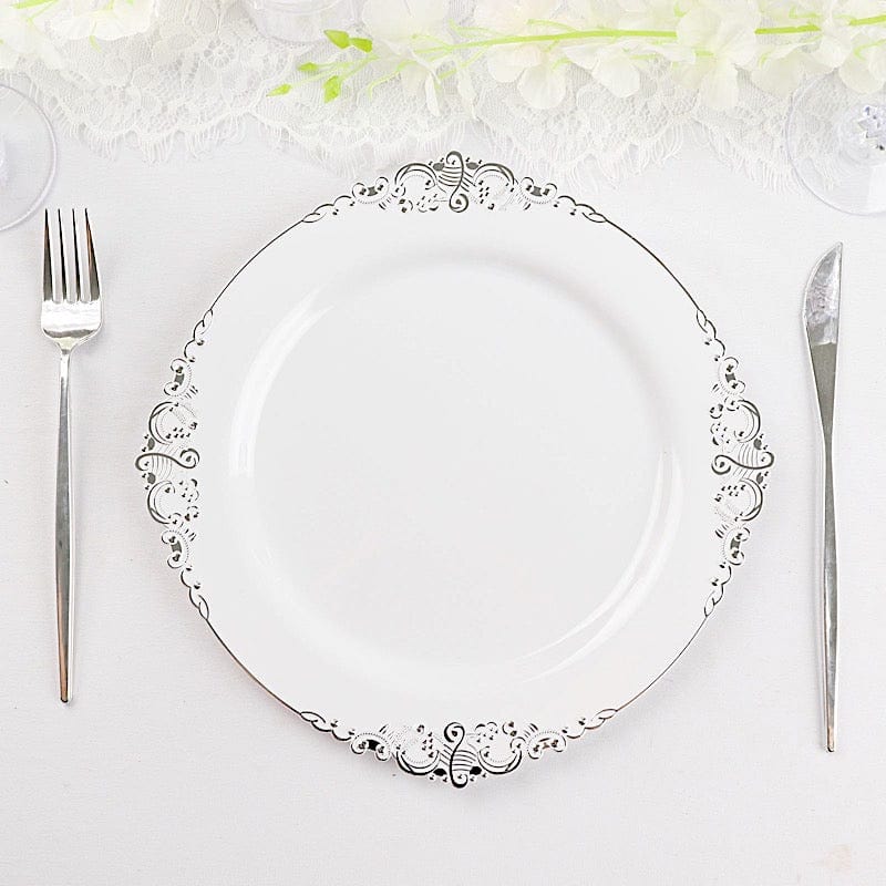 10 Round Plastic Salad Dinner Plates with Embossed Baroque Rim - Disposable Tableware