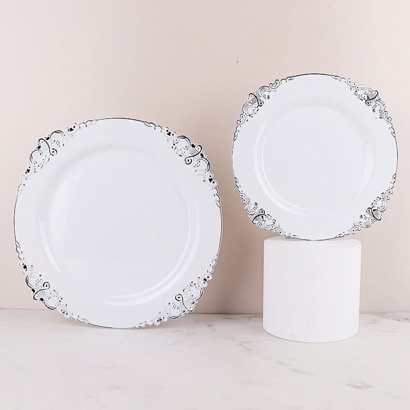 10 Round Plastic Salad Dinner Plates with Embossed Baroque Rim - Disposable Tableware