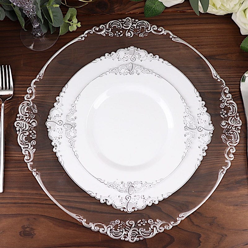 10 Round Plastic Salad Dinner Plates with Embossed Baroque Rim - Disposable Tableware