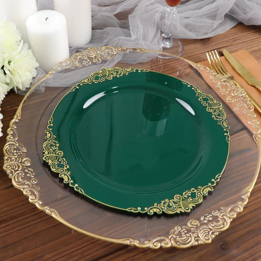 10 Round Plastic Salad Dinner Plates with Embossed Baroque Rim - Disposable Tableware