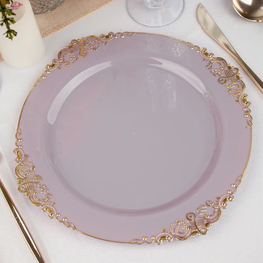 10 Round Plastic Salad Dinner Plates with Embossed Baroque Rim - Disposable Tableware