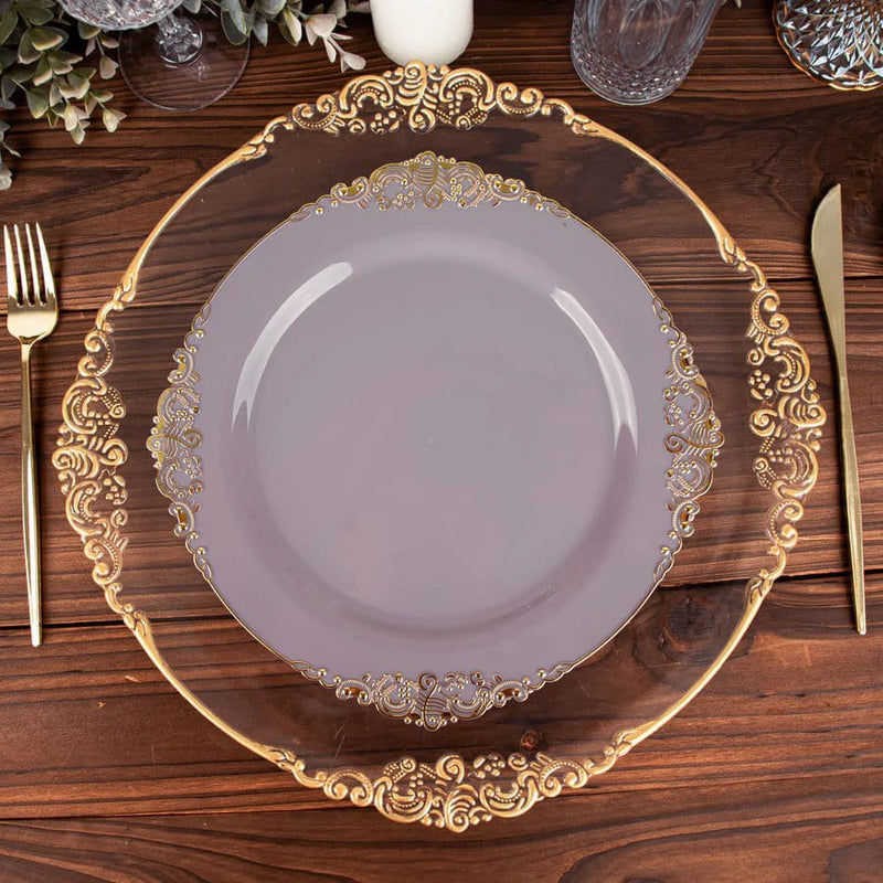 10 Round Plastic Salad Dinner Plates with Embossed Baroque Rim - Disposable Tableware