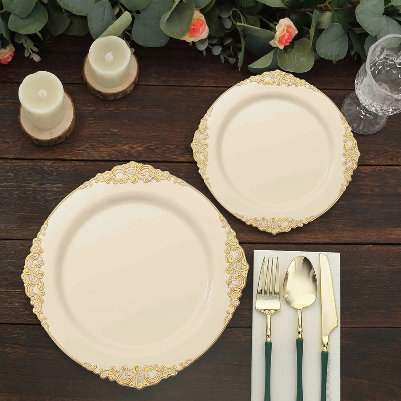 10 Round Plastic Salad Dinner Plates with Embossed Baroque Rim - Disposable Tableware