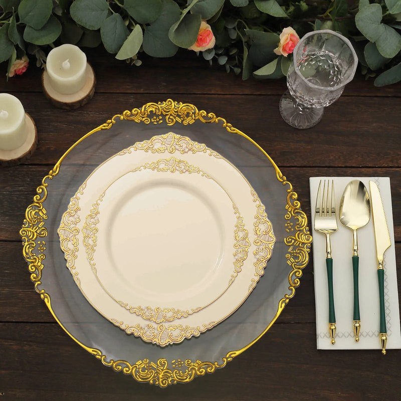 10 Round Plastic Salad Dinner Plates with Embossed Baroque Rim - Disposable Tableware