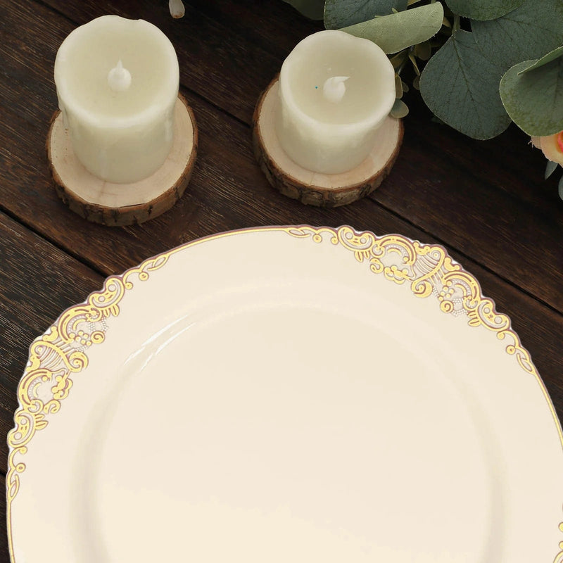 10 Round Plastic Salad Dinner Plates with Embossed Baroque Rim - Disposable Tableware