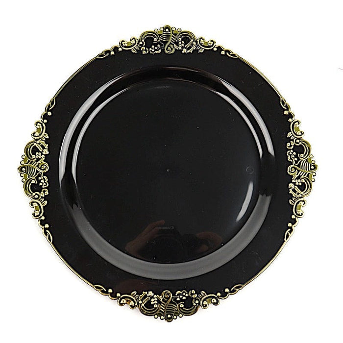 10 Round Plastic Salad Dinner Plates with Embossed Baroque Rim - Disposable Tableware DSP_PLR1310_10_BKGD