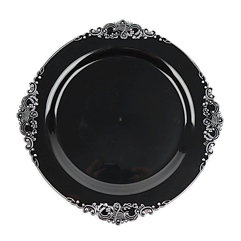 10 Round Plastic Salad Dinner Plates with Embossed Baroque Rim - Disposable Tableware DSP_PLR1310_10_BKSV