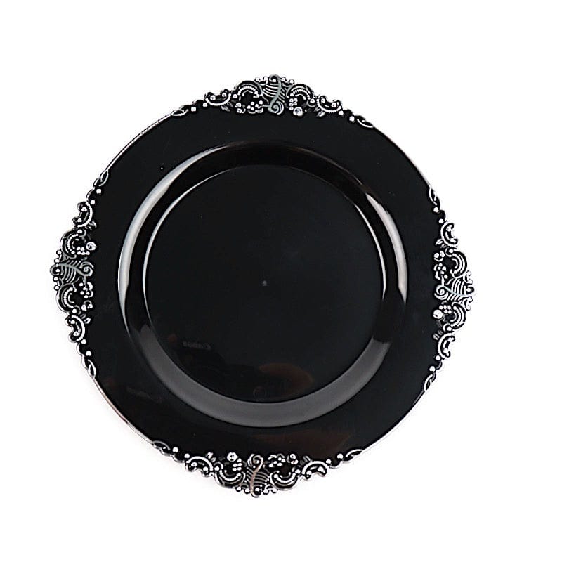 10 Round Plastic Salad Dinner Plates with Embossed Baroque Rim - Disposable Tableware DSP_PLR1310_7_BKSV