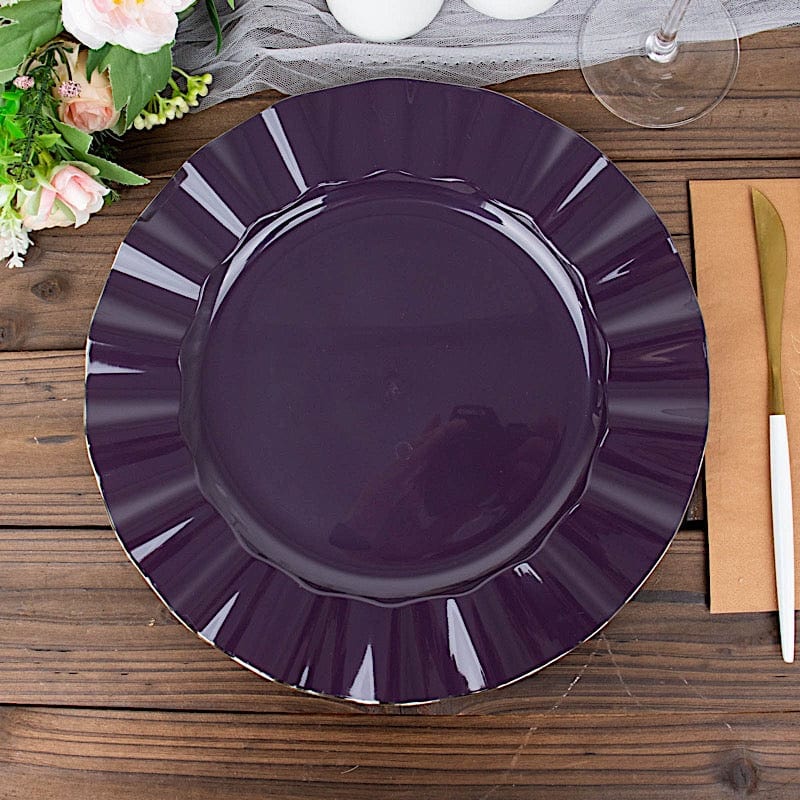10 Round Plastic Salad Dinner Plates with Gold Wavy Rim - Disposable Tableware