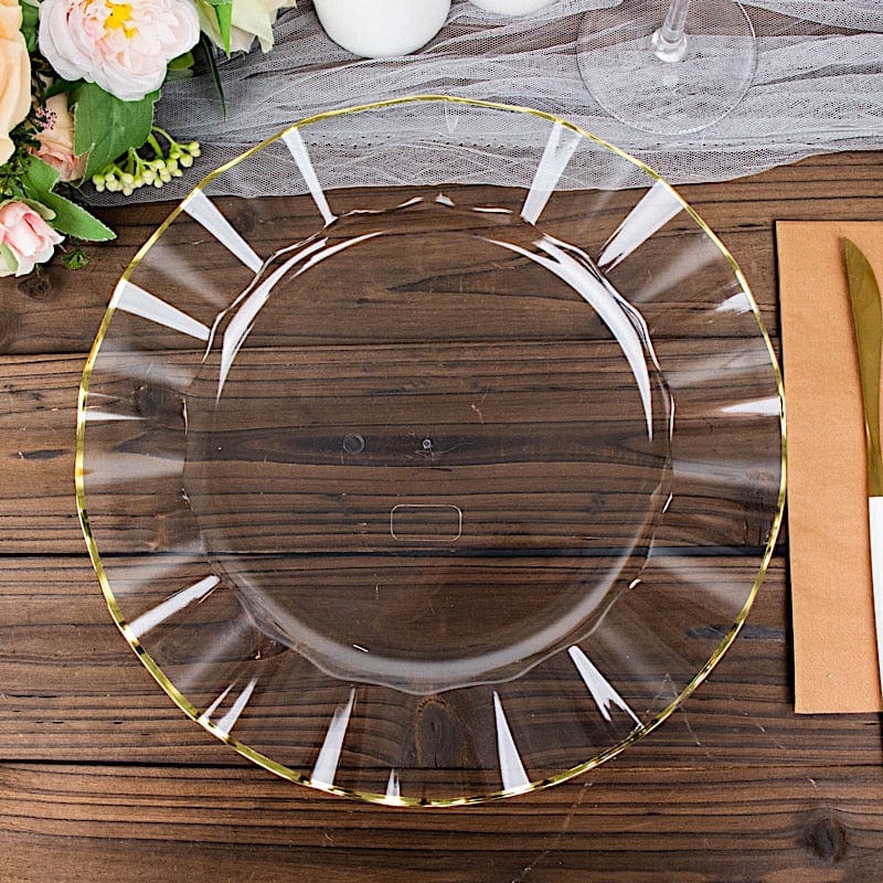 10 Round Plastic Salad Dinner Plates with Gold Wavy Rim - Disposable Tableware