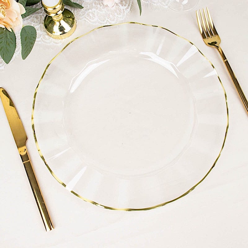 10 Round Plastic Salad Dinner Plates with Gold Wavy Rim - Disposable Tableware