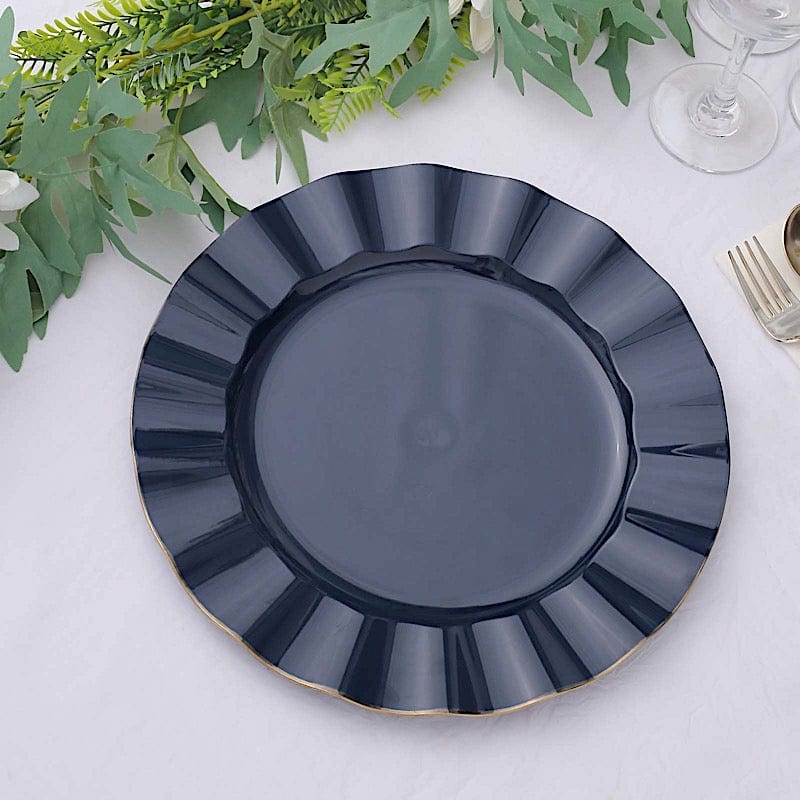 10 Round Plastic Salad Dinner Plates with Gold Wavy Rim - Disposable Tableware
