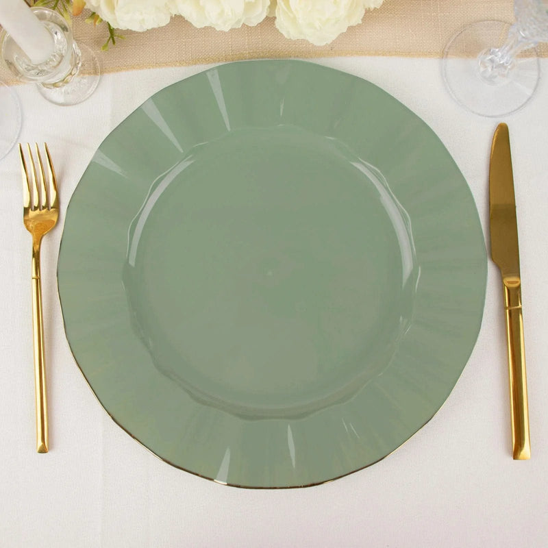 10 Round Plastic Salad Dinner Plates with Gold Wavy Rim - Disposable Tableware