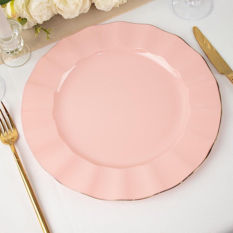 10 Round Plastic Salad Dinner Plates with Gold Wavy Rim - Disposable Tableware