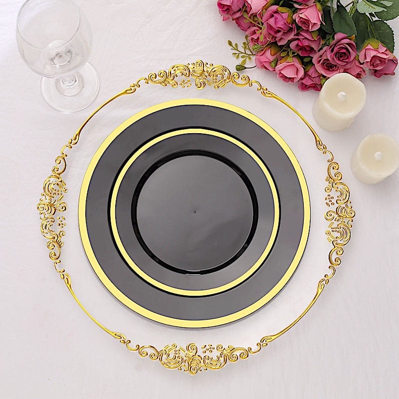 10 Round Plastic Salad Plates with Gold Rim - Disposable Tableware