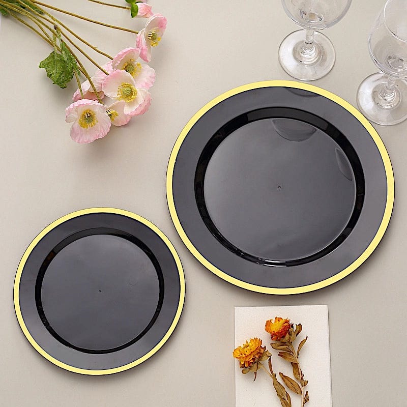 10 Round Plastic Salad Plates with Gold Rim - Disposable Tableware