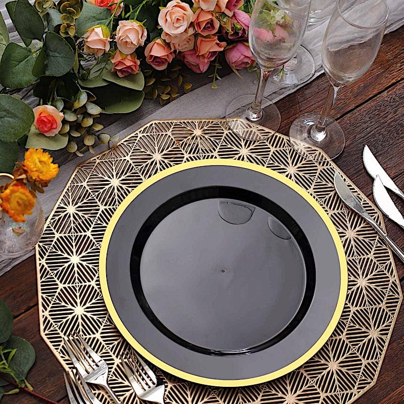 10 Round Plastic Salad Plates with Gold Rim - Disposable Tableware
