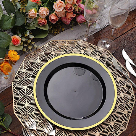 10 Round Plastic Salad Plates with Gold Rim - Disposable Tableware