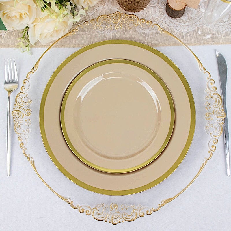 10 Round Plastic Salad Plates with Gold Rim - Disposable Tableware