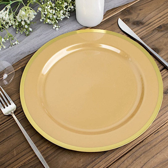 10 Round Plastic Salad Plates with Gold Rim - Disposable Tableware