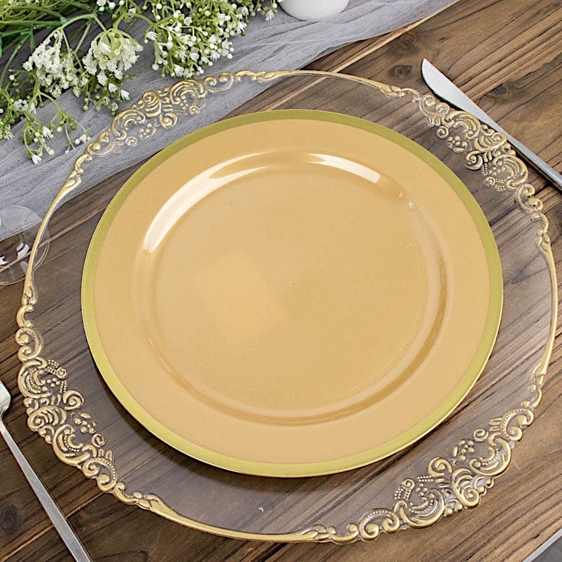 10 Round Plastic Salad Plates with Gold Rim - Disposable Tableware