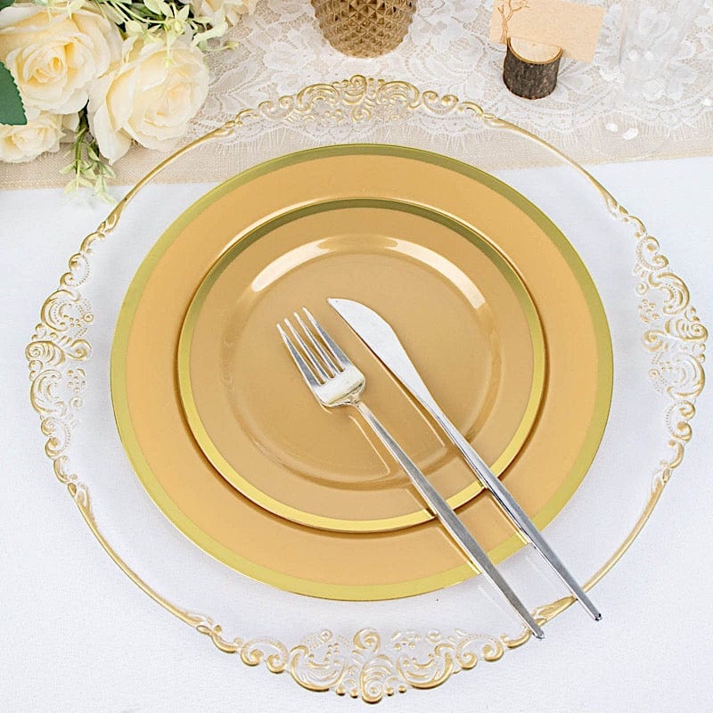 10 Round Plastic Salad Plates with Gold Rim - Disposable Tableware