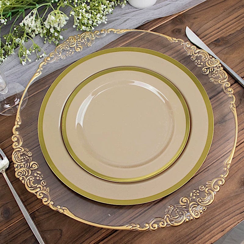 10 Round Plastic Salad Plates with Gold Rim - Disposable Tableware