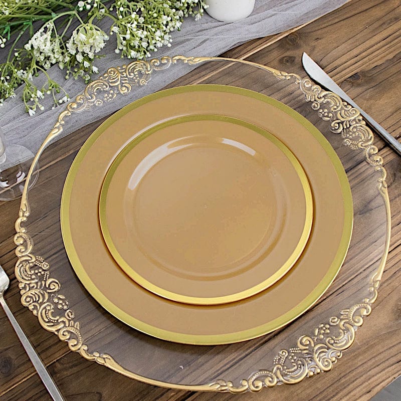 10 Round Plastic Salad Plates with Gold Rim - Disposable Tableware
