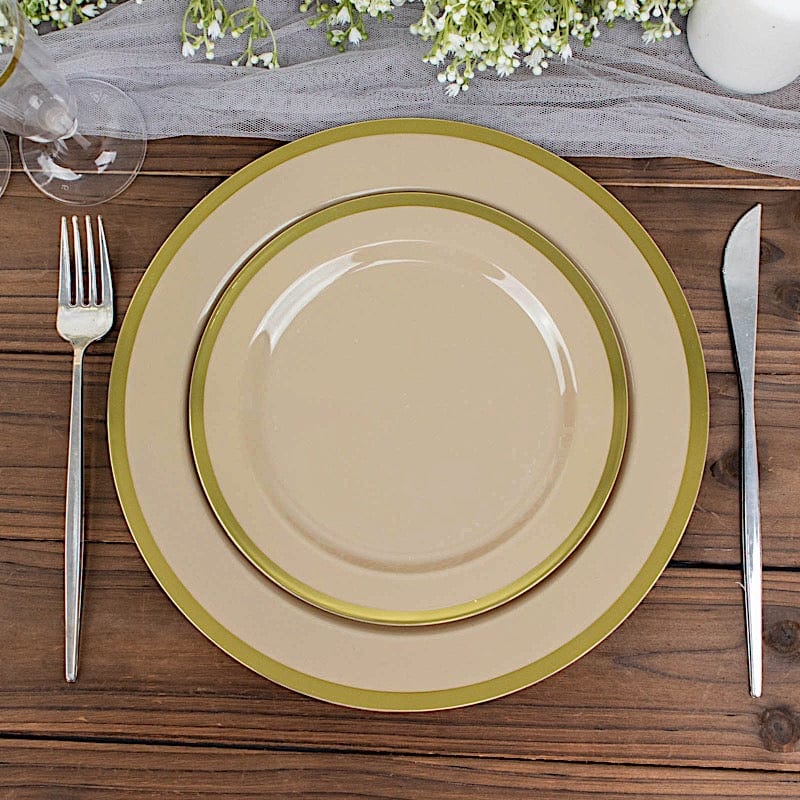 10 Round Plastic Salad Plates with Gold Rim - Disposable Tableware