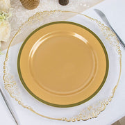 10 Round Plastic Salad Plates with Gold Rim - Disposable Tableware
