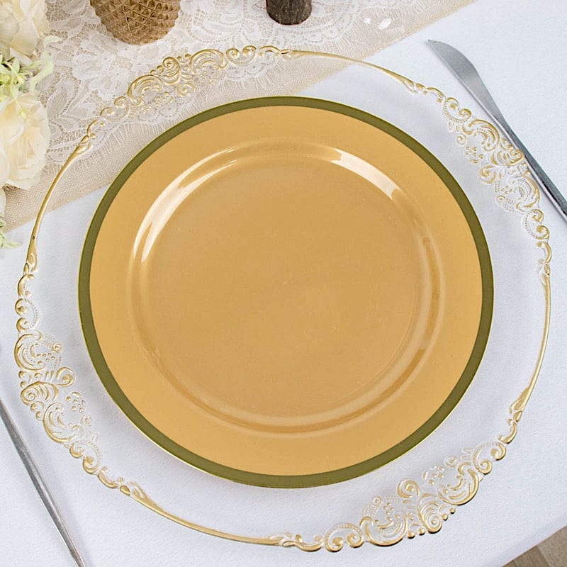 10 Round Plastic Salad Plates with Gold Rim - Disposable Tableware
