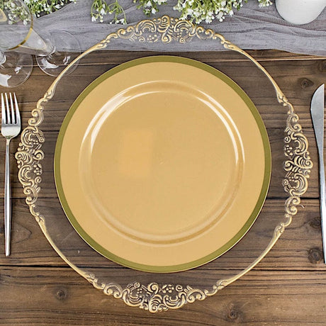 10 Round Plastic Salad Plates with Gold Rim - Disposable Tableware
